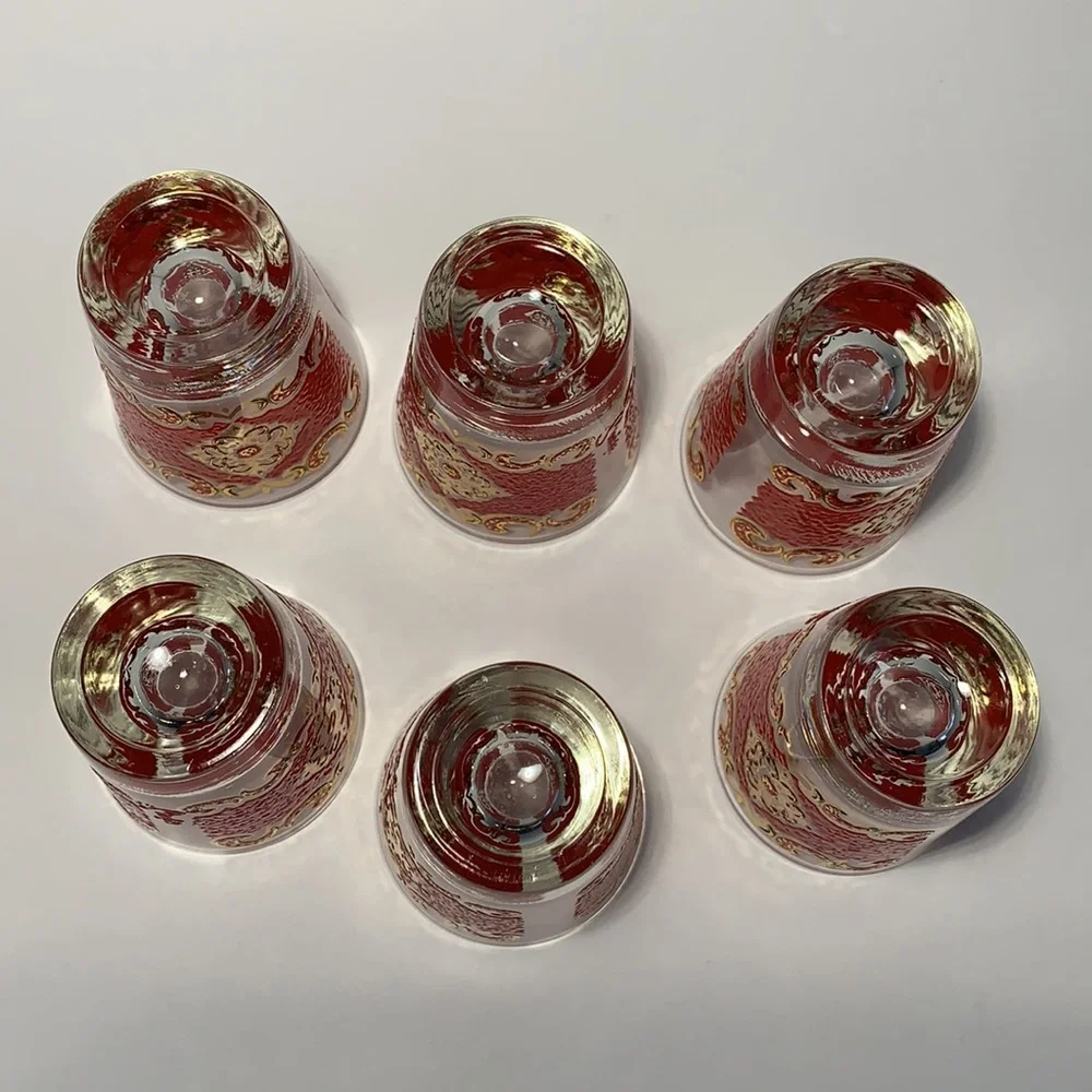 VTG Starlyte Barware Shot Glasses Signed Red and Gold Textured Design Set Of Six